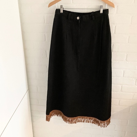 Vintage Maxi Denim Skirt Western Native Black Brown Suede Fringe Trim 12 - Picture 8 of 12